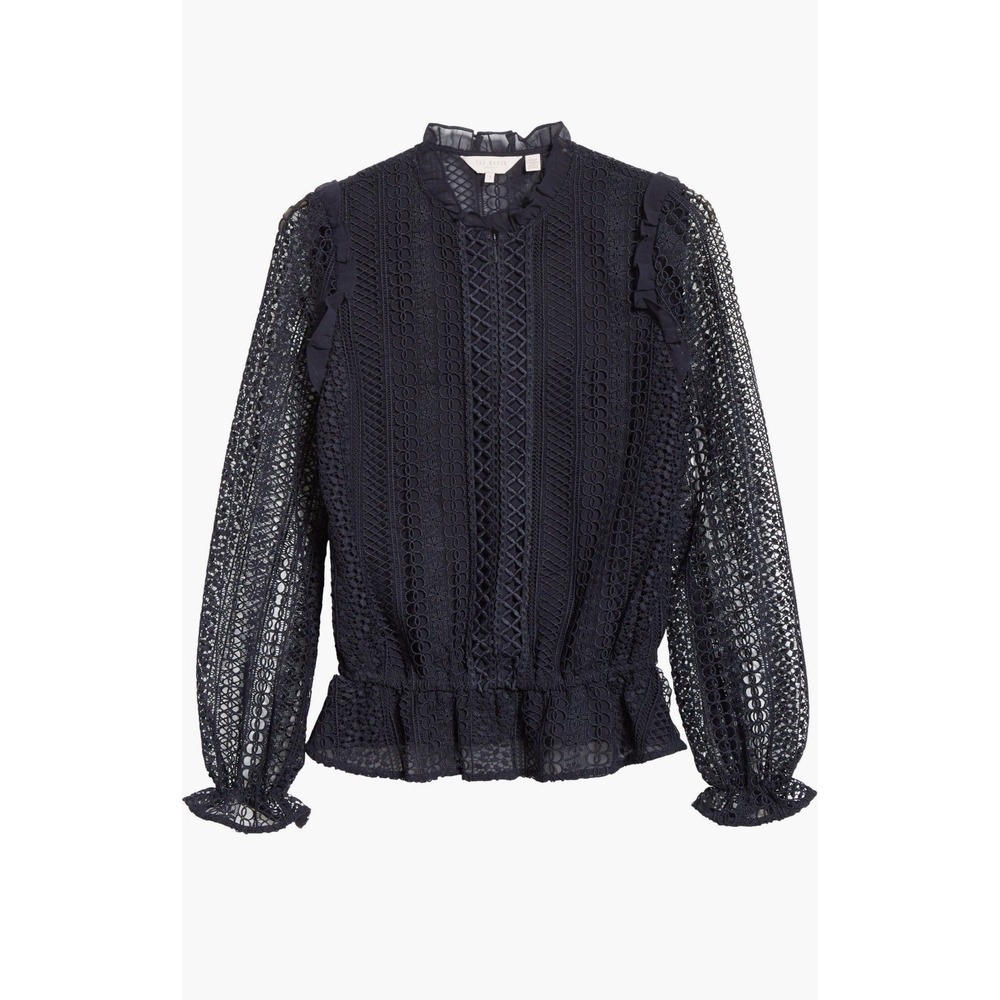 Ted Baker Navy Comsee Zip Up Crochet Lace Eyelet Long Sleeve Top Victorian